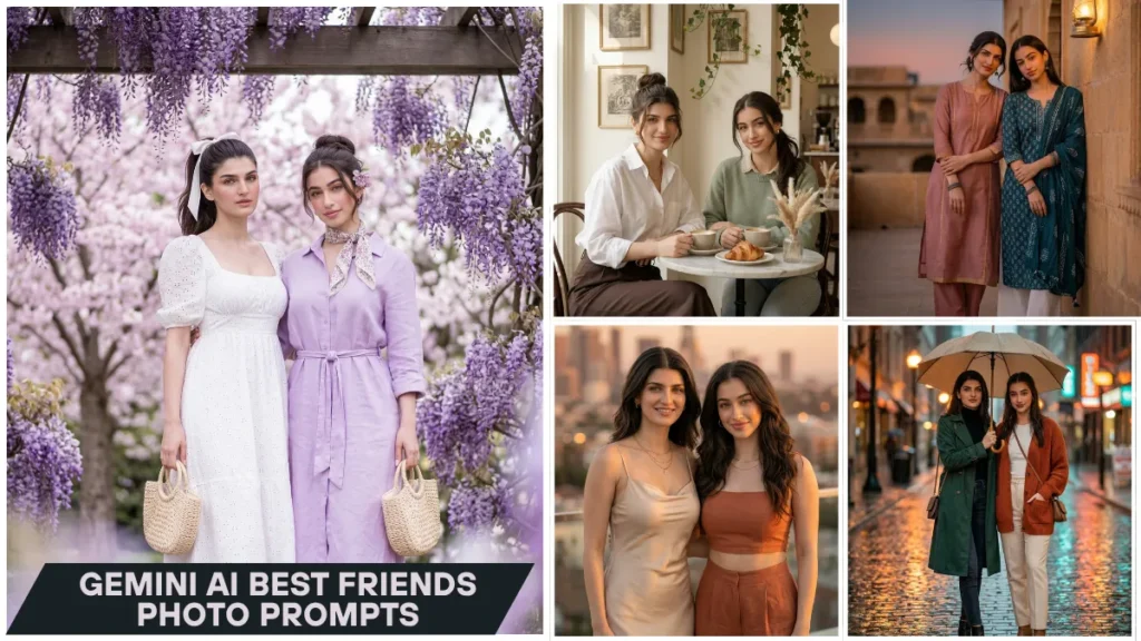 Gemini AI Best Friends Photo Prompts two girls in Pinterest aesthetic cinematic portrait ultra-realistic friendship AI photo generated with Gemini AI