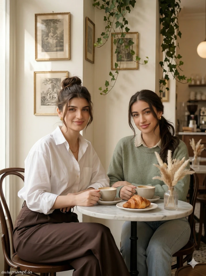 Gemini AI Best Friends Photo Prompts two girls in Pinterest aesthetic cinematic portrait ultra-realistic friendship AI photo generated with Gemini AI