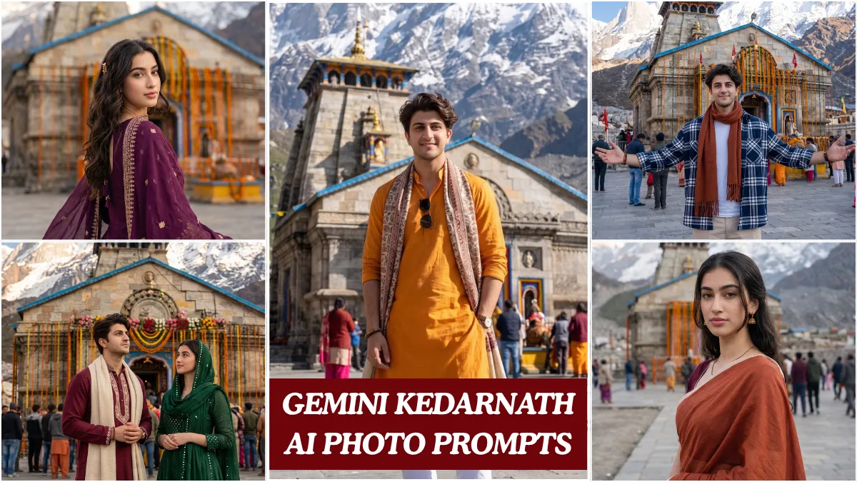 A cinematic Gemini Kedarnath AI photo prompts result showing a young Indian man standing in front of the Kedarnath Temple with snow-covered Himalayan mountains in the background.
