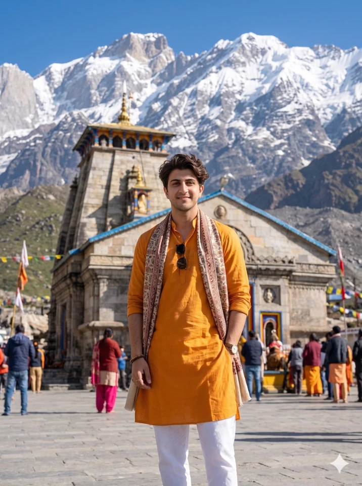A cinematic Gemini Kedarnath AI photo prompts result showing a young Indian man standing in front of the Kedarnath Temple with snow-covered Himalayan mountains in the background.