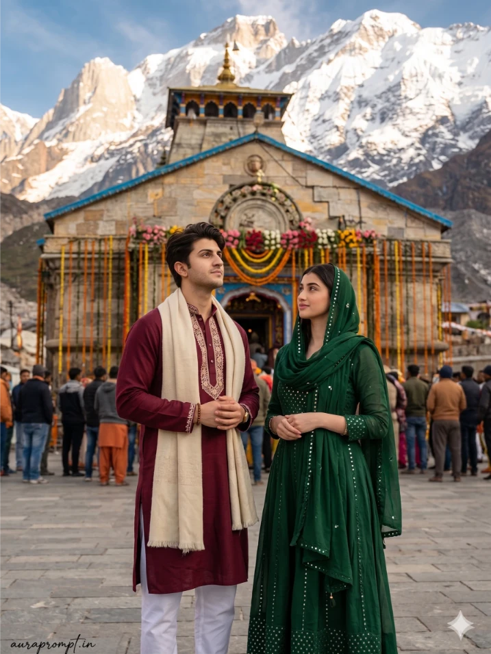 A cinematic Gemini Kedarnath AI photo prompts result showing a young Indian man standing in front of the Kedarnath Temple with snow-covered Himalayan mountains in the background.