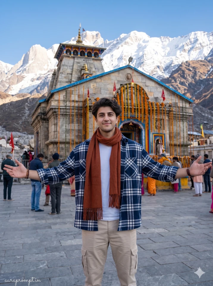 A cinematic Gemini Kedarnath AI photo prompts result showing a young Indian man standing in front of the Kedarnath Temple with snow-covered Himalayan mountains in the background.