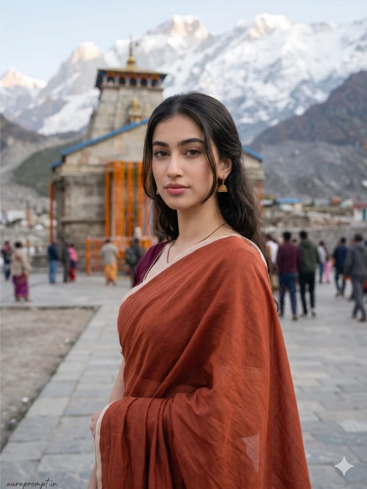 A cinematic Gemini Kedarnath AI photo prompts result showing a young Indian man standing in front of the Kedarnath Temple with snow-covered Himalayan mountains in the background.