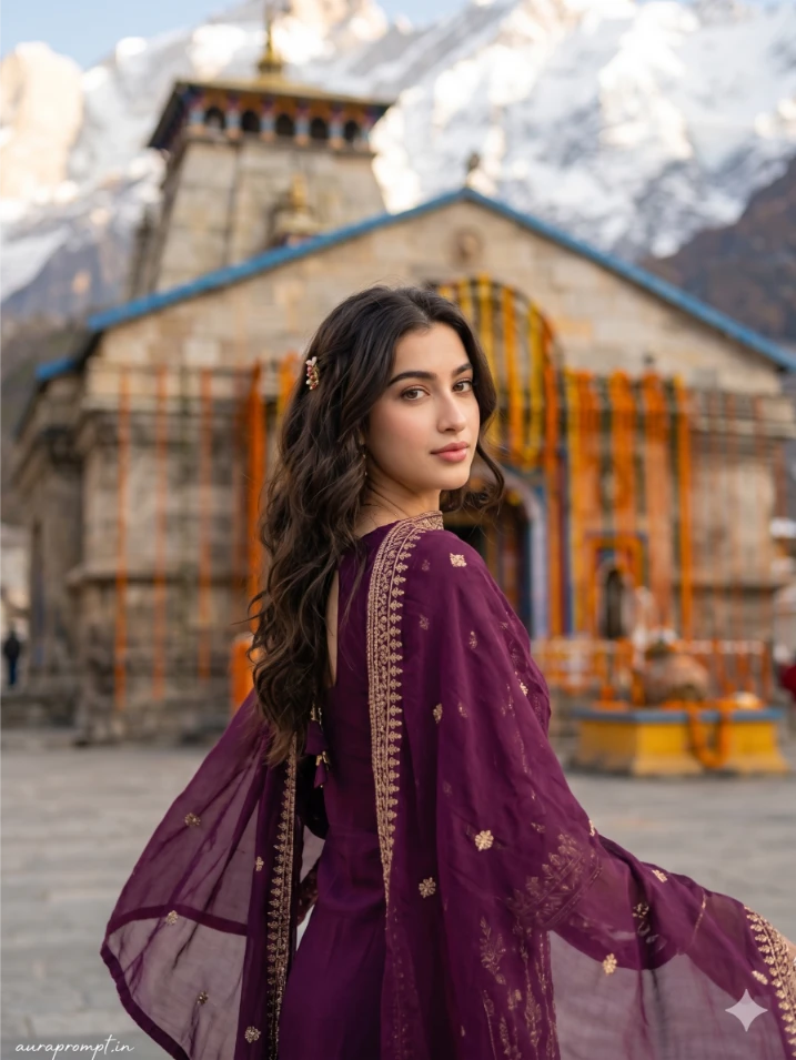 A cinematic Gemini Kedarnath AI photo prompts result showing a young Indian man standing in front of the Kedarnath Temple with snow-covered Himalayan mountains in the background.