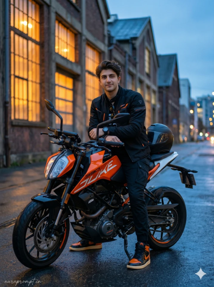 Luxury Biker AI Photo Editing Prompts showing a stylish man posing with a cinematic Royal Enfield motorcycle in an ultra-realistic Google Gemini generated editorial photograph.