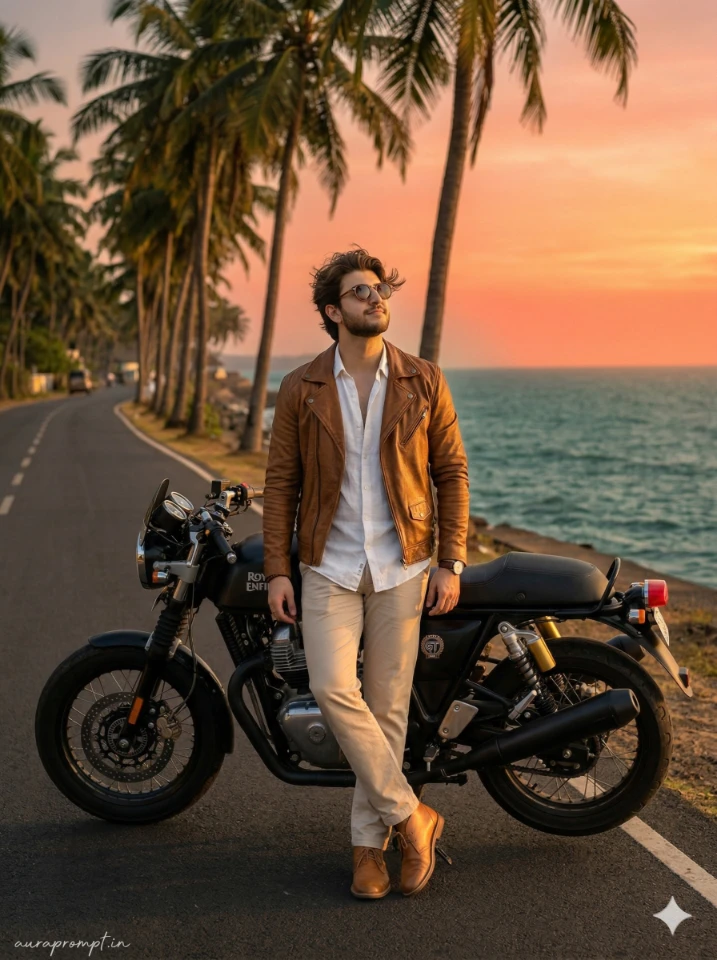 Luxury Biker AI Photo Editing Prompts showing a stylish man posing with a cinematic Royal Enfield motorcycle in an ultra-realistic Google Gemini generated editorial photograph.