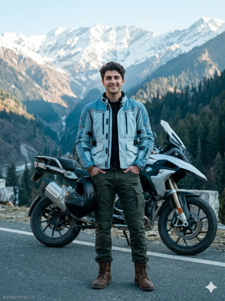 Luxury Biker AI Photo Editing Prompts showing a stylish man posing with a cinematic Royal Enfield motorcycle in an ultra-realistic Google Gemini generated editorial photograph.