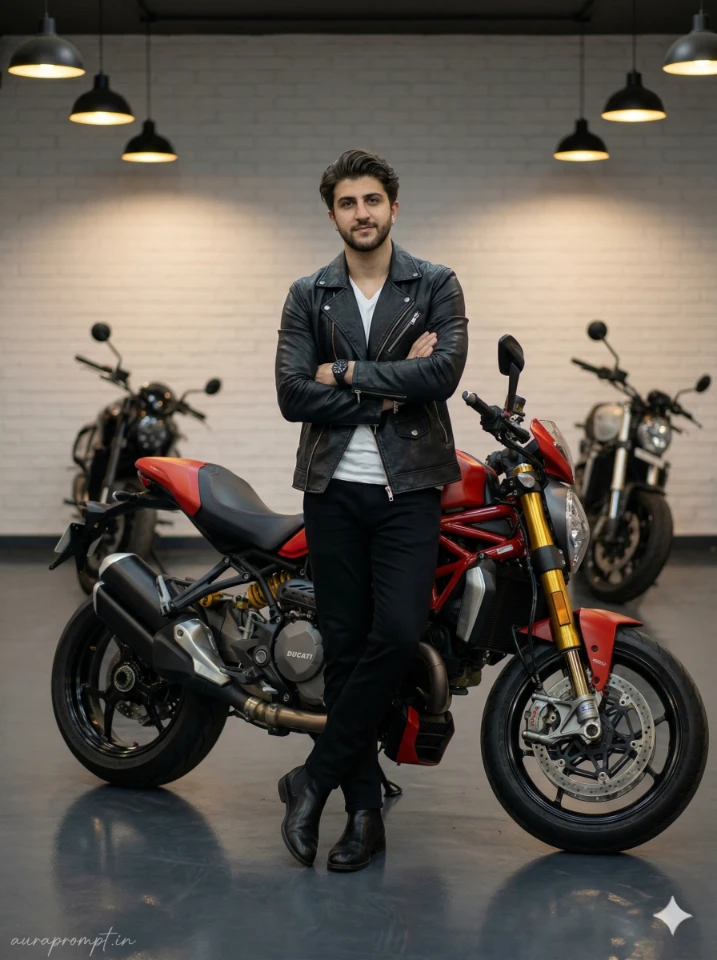 Luxury Biker AI Photo Editing Prompts showing a stylish man posing with a cinematic Royal Enfield motorcycle in an ultra-realistic Google Gemini generated editorial photograph.