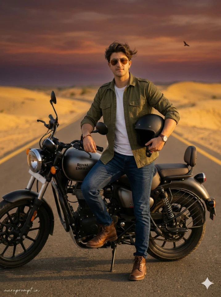 Luxury Biker AI Photo Editing Prompts showing a stylish man posing with a cinematic Royal Enfield motorcycle in an ultra-realistic Google Gemini generated editorial photograph.