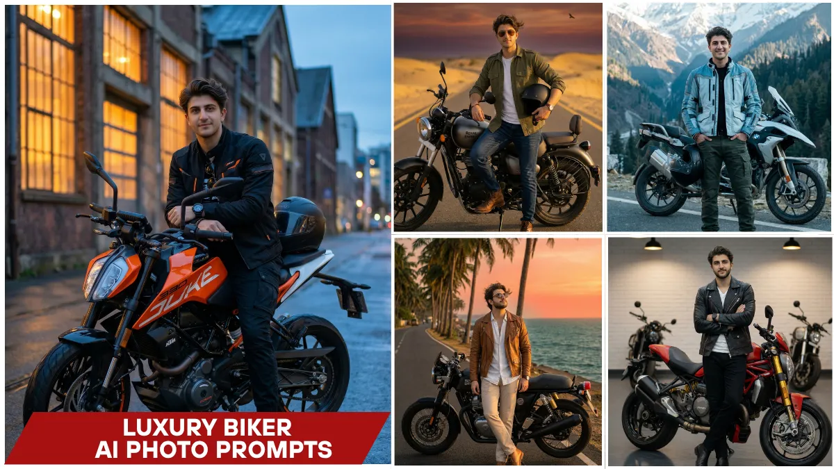 Luxury Biker AI Photo Editing Prompts showing a stylish man posing with a cinematic Royal Enfield motorcycle in an ultra-realistic Google Gemini generated editorial photograph.