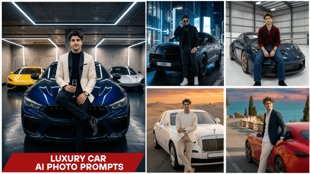 Luxury Car AI Photo Editing Prompts showing a stylish man posing beside a cinematic Rolls Royce in an ultra-realistic Google Gemini generated editorial photograph.
