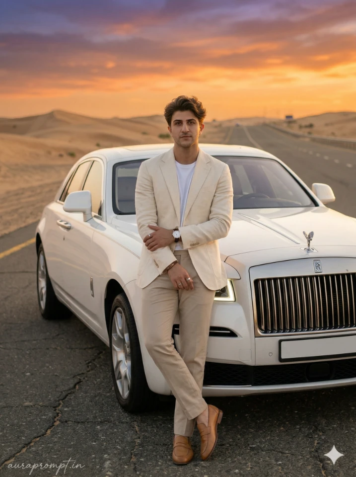 Luxury Car AI Photo Editing Prompts showing a stylish man posing beside a cinematic Rolls Royce in an ultra-realistic Google Gemini generated editorial photograph.