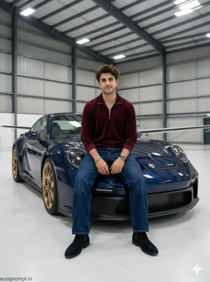 Luxury Car AI Photo Editing Prompts showing a stylish man posing beside a cinematic Rolls Royce in an ultra-realistic Google Gemini generated editorial photograph.
