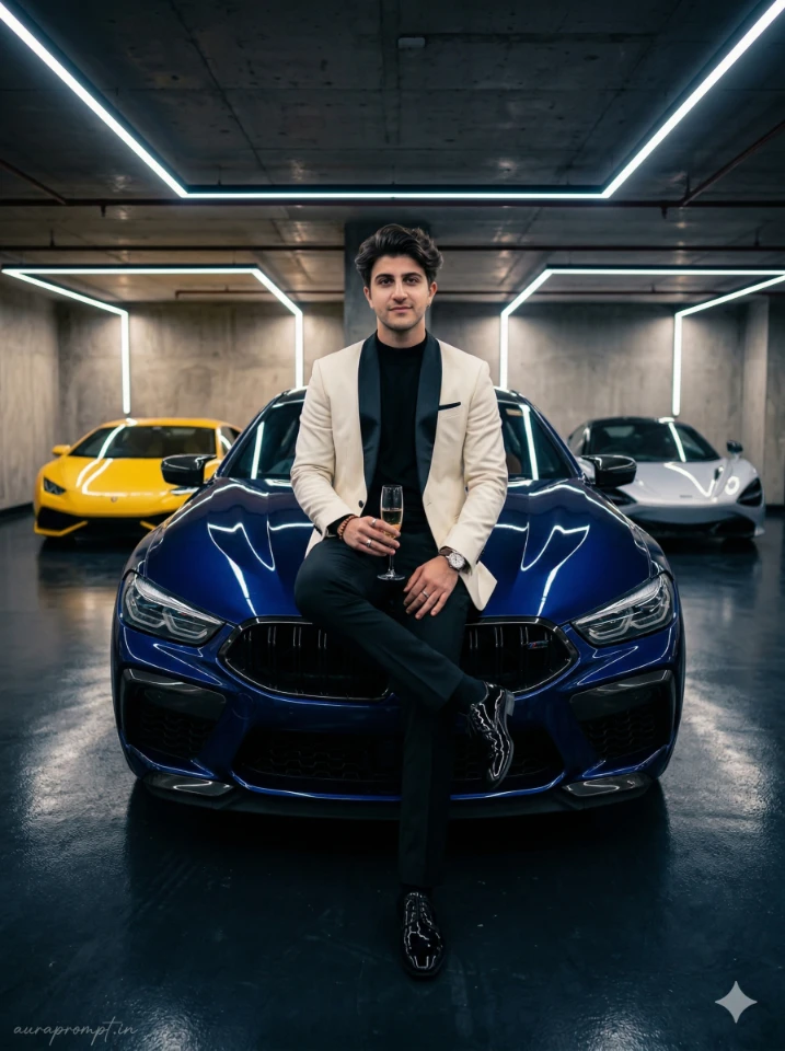 Luxury Car AI Photo Editing Prompts showing a stylish man posing beside a cinematic Rolls Royce in an ultra-realistic Google Gemini generated editorial photograph.
