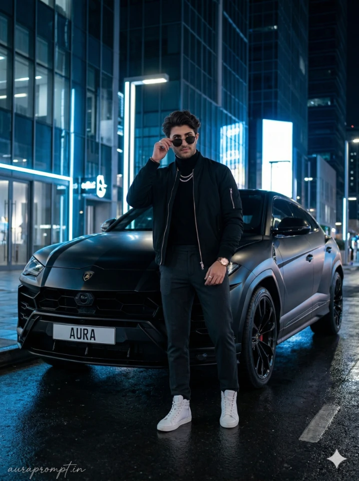 Luxury Car AI Photo Editing Prompts showing a stylish man posing beside a cinematic Rolls Royce in an ultra-realistic Google Gemini generated editorial photograph.