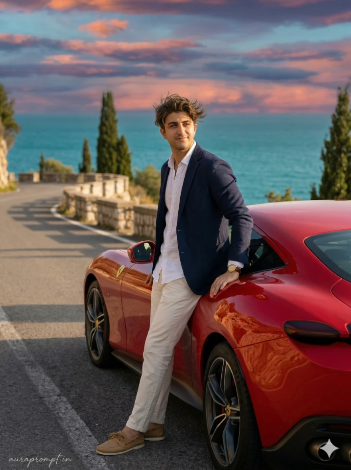 Luxury Car AI Photo Editing Prompts showing a stylish man posing beside a cinematic Rolls Royce in an ultra-realistic Google Gemini generated editorial photograph.