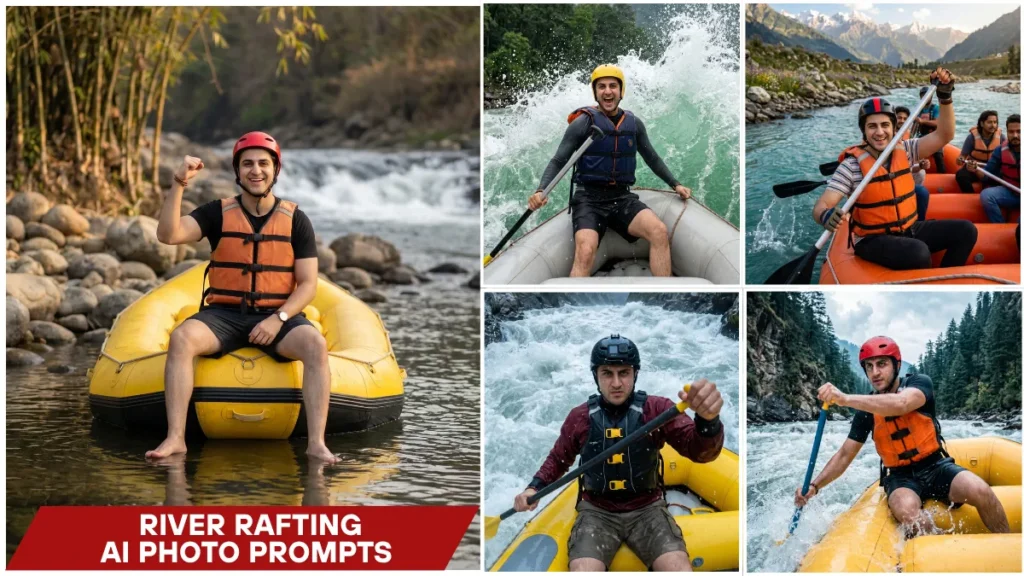 River rafting photo prompt showing a young Indian boy in an orange life jacket paddling through dramatic white water rapids with cinematic mountain scenery and ultra-realistic DSLR-style detail.