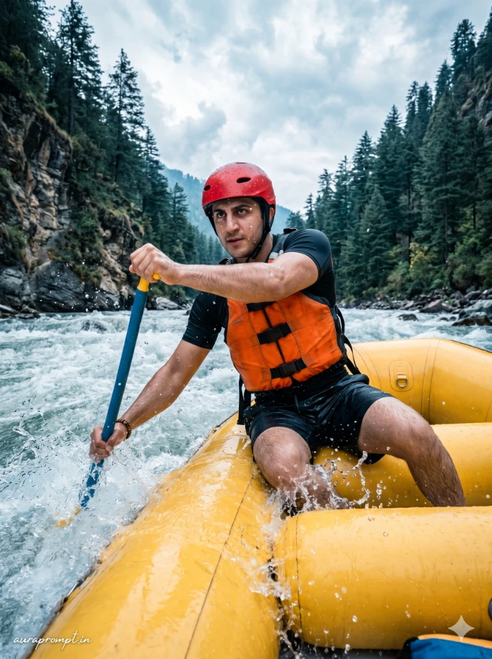 River rafting photo prompt showing a young Indian boy in an orange life jacket paddling through dramatic white water rapids with cinematic mountain scenery and ultra-realistic DSLR-style detail.
