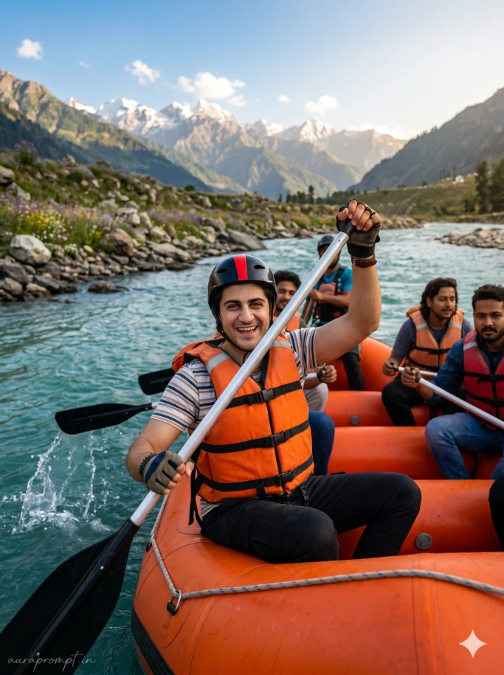 River rafting photo prompt showing a young Indian boy in an orange life jacket paddling through dramatic white water rapids with cinematic mountain scenery and ultra-realistic DSLR-style detail.