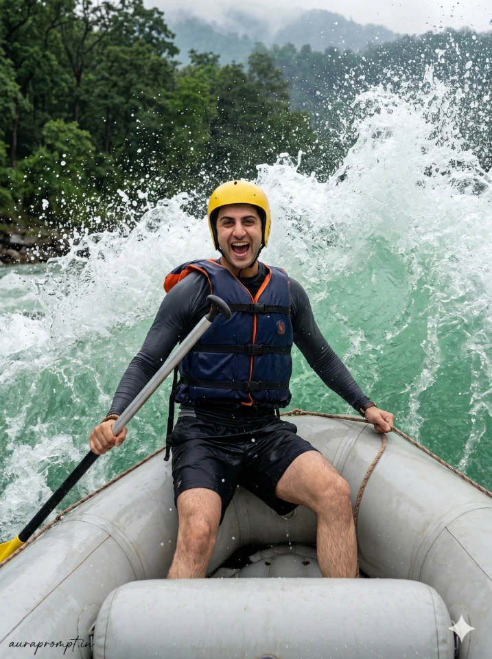 River rafting photo prompt showing a young Indian boy in an orange life jacket paddling through dramatic white water rapids with cinematic mountain scenery and ultra-realistic DSLR-style detail.