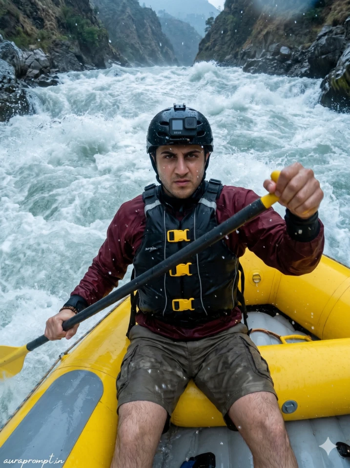 River rafting photo prompt showing a young Indian boy in an orange life jacket paddling through dramatic white water rapids with cinematic mountain scenery and ultra-realistic DSLR-style detail.