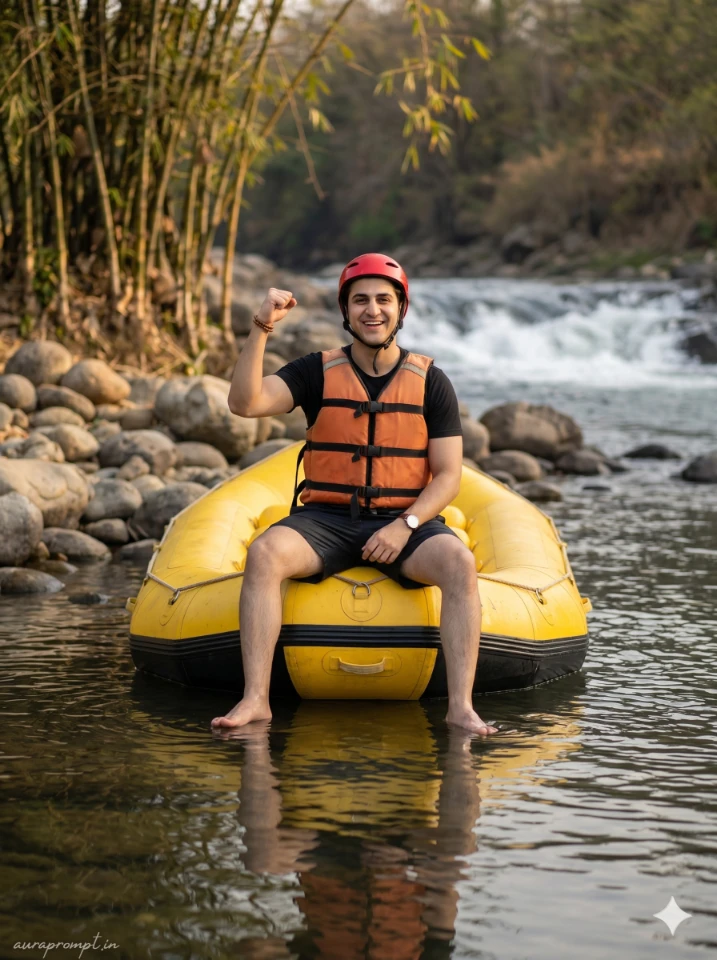 River rafting photo prompt showing a young Indian boy in an orange life jacket paddling through dramatic white water rapids with cinematic mountain scenery and ultra-realistic DSLR-style detail.