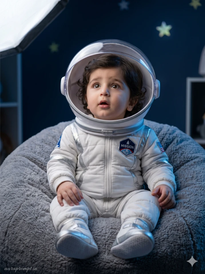 A hyper realistic baby portrait created using baby photo editing prompts in Gemini AI with soft studio lighting and natural skin texture.