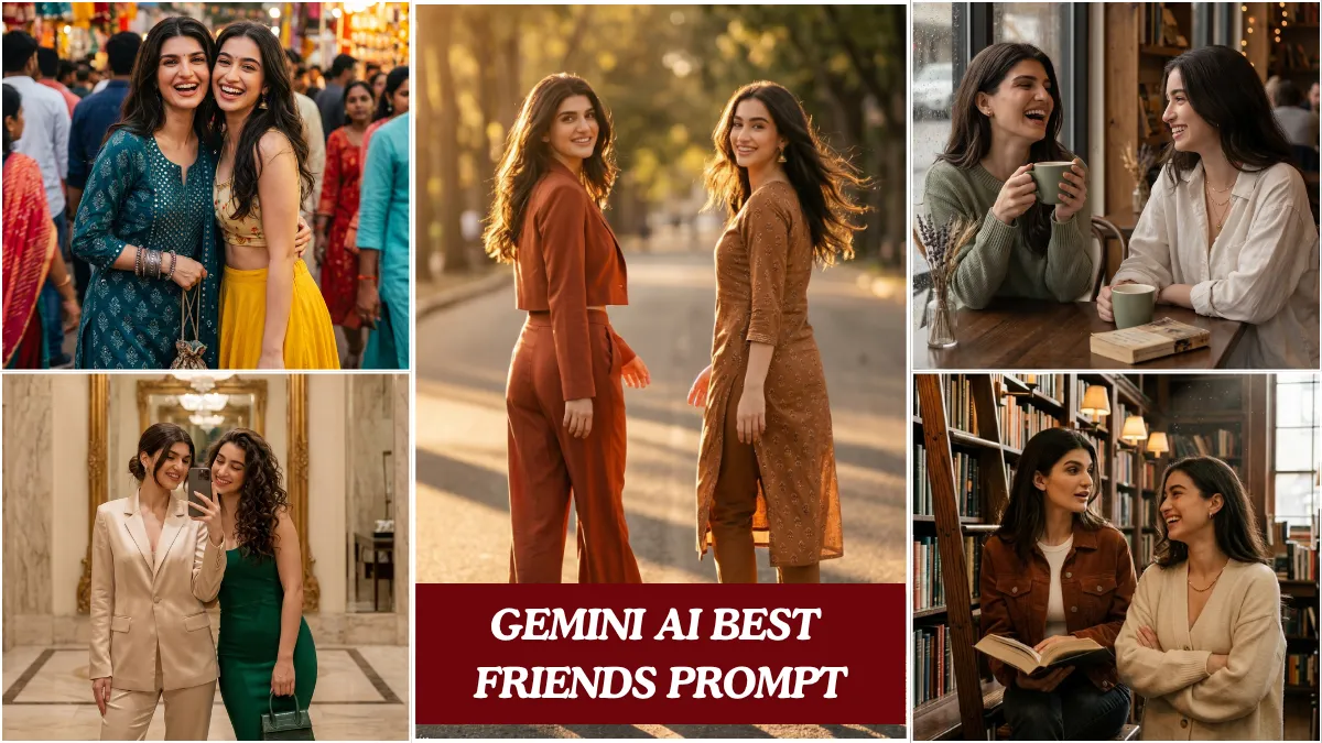 Two Indian girl best friends posing together in a cinematic best friends ai prompt generated using Gemini AI photo editing.