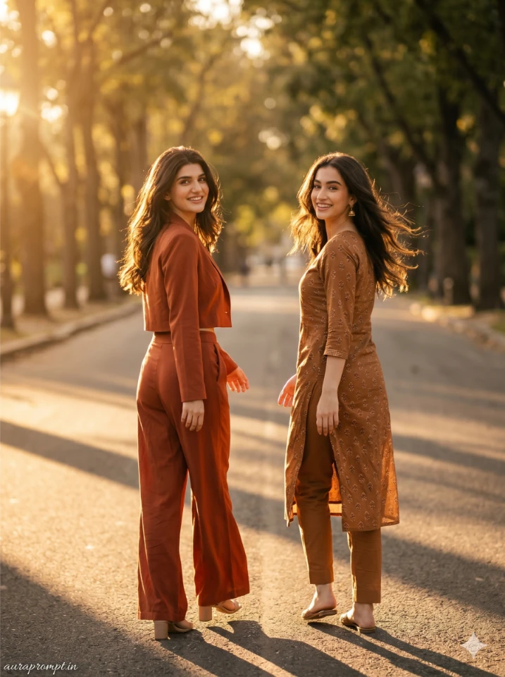 Two Indian girl best friends posing together in a cinematic best friends ai prompt generated using Gemini AI photo editing.