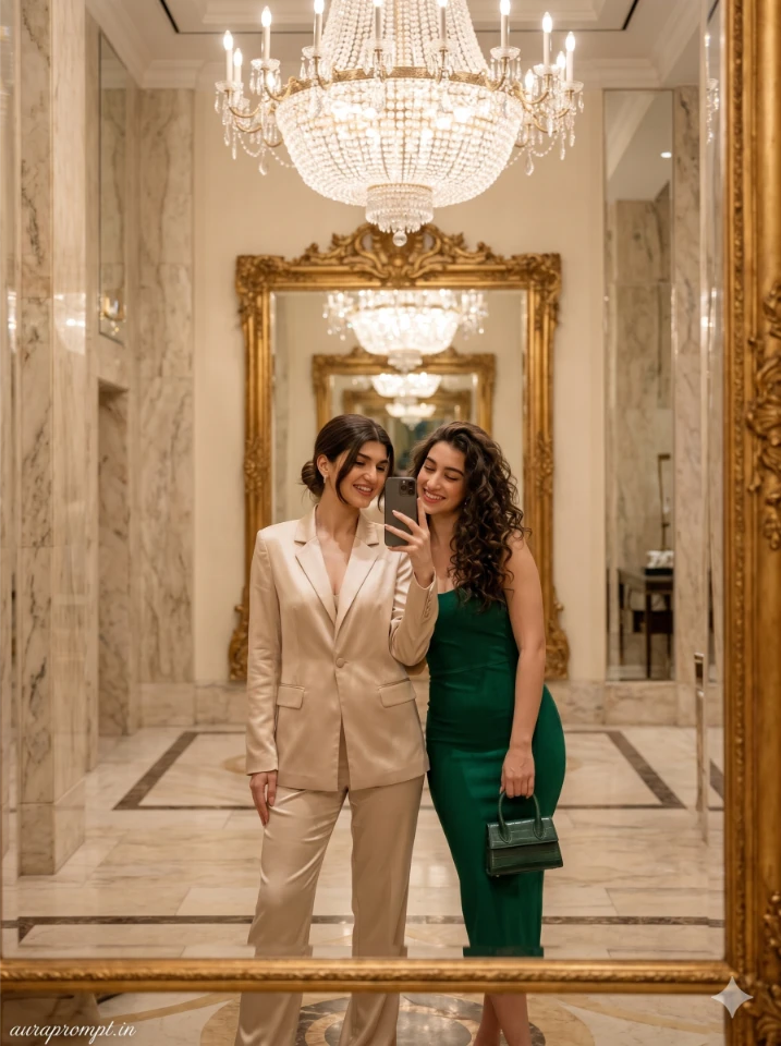 Two Indian girl best friends posing together in a cinematic best friends ai prompt generated using Gemini AI photo editing.