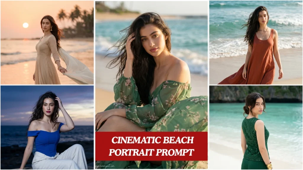 A cinematic beach portrait prompt result showing a woman in a flowing dress during golden hour with soft ocean waves in the background.