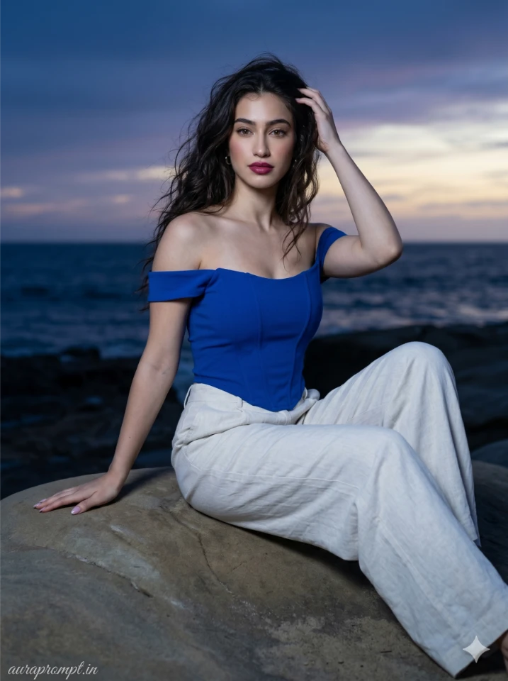 A cinematic beach portrait prompt result showing a woman in a flowing dress during golden hour with soft ocean waves in the background.