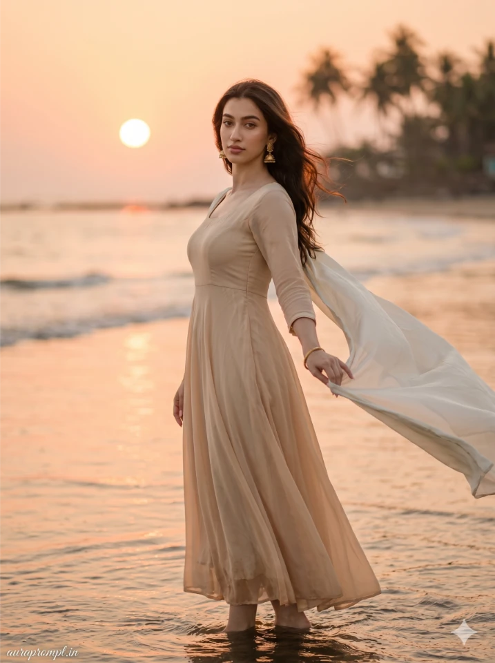A cinematic beach portrait prompt result showing a woman in a flowing dress during golden hour with soft ocean waves in the background.