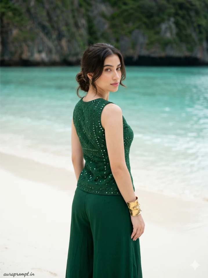A cinematic beach portrait prompt result showing a woman in a flowing dress during golden hour with soft ocean waves in the background.