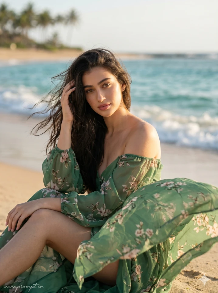 A cinematic beach portrait prompt result showing a woman in a flowing dress during golden hour with soft ocean waves in the background.