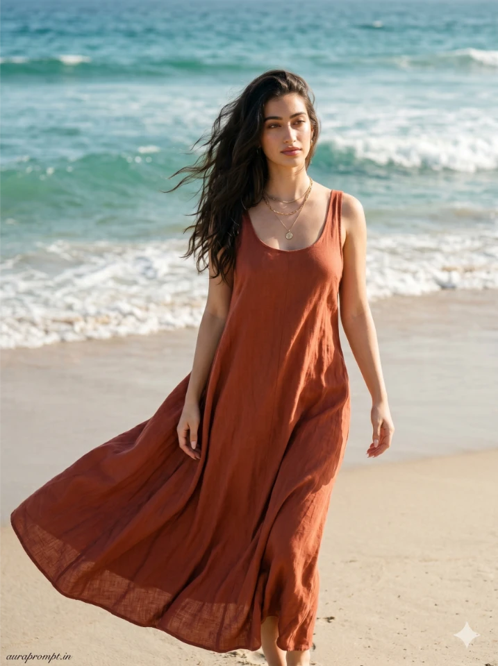A cinematic beach portrait prompt result showing a woman in a flowing dress during golden hour with soft ocean waves in the background.