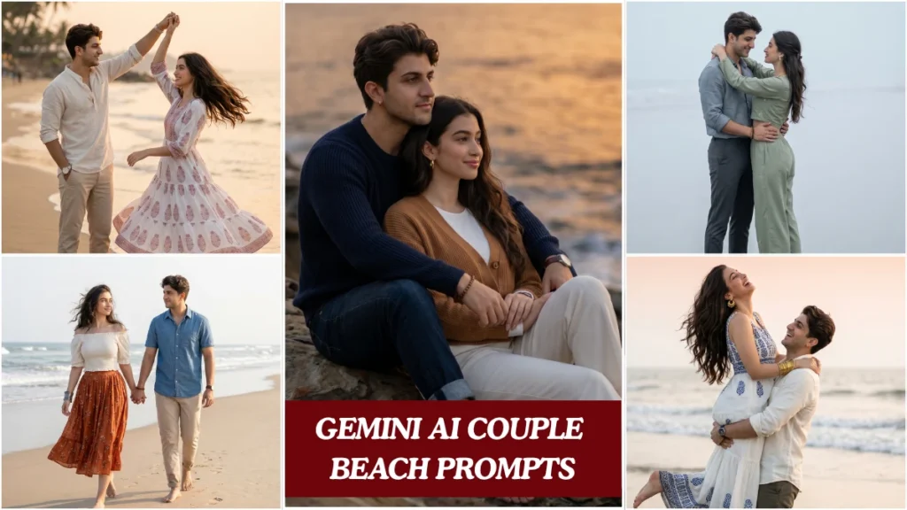 A cinematic gemini ai couple beach prompts showing an Indian couple at golden hour shoreline in editorial fashion style