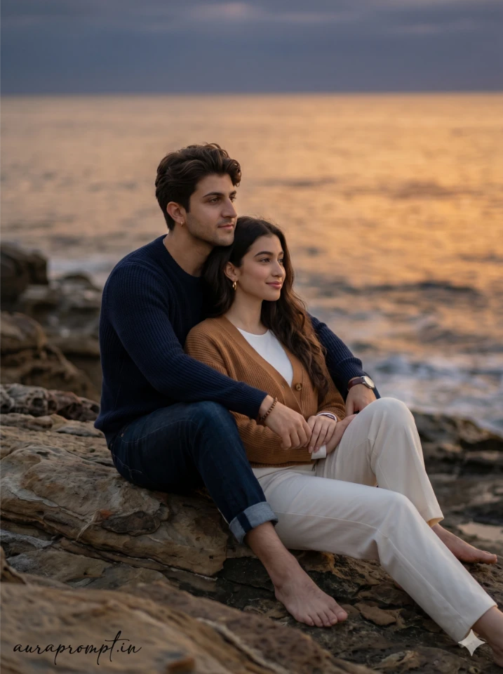 A cinematic gemini ai couple beach prompt showing an Indian couple at golden hour shoreline in editorial fashion style