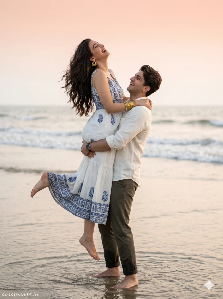 A cinematic gemini ai couple beach prompt showing an Indian couple at golden hour shoreline in editorial fashion style