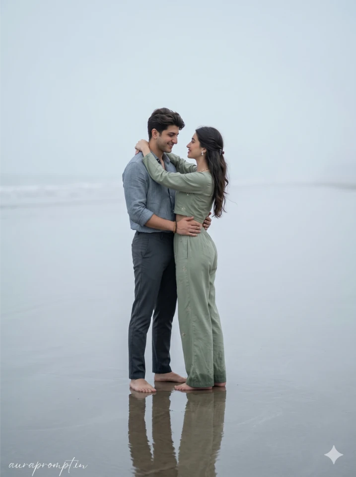 A cinematic gemini ai couple beach prompt showing an Indian couple at golden hour shoreline in editorial fashion style