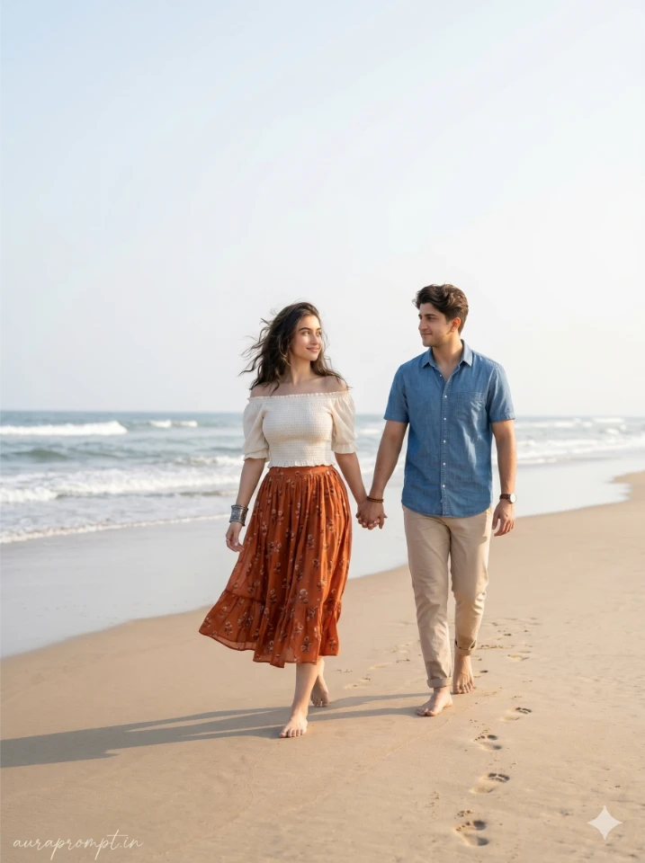 A cinematic gemini ai couple beach prompt showing an Indian couple at golden hour shoreline in editorial fashion style