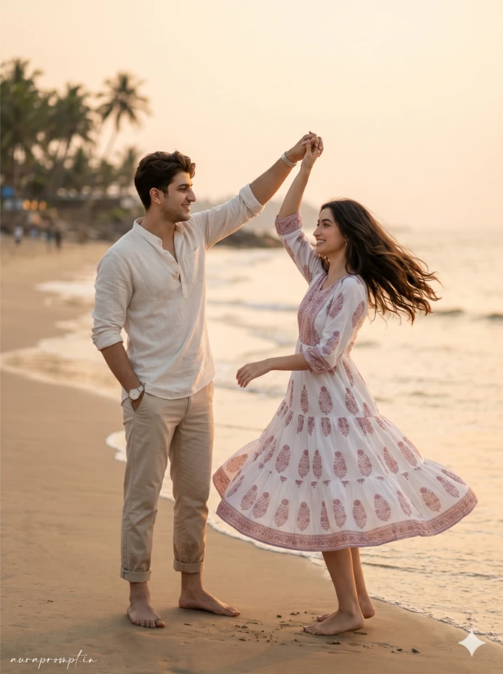 A cinematic gemini ai couple beach prompts showing an Indian couple at golden hour shoreline in editorial fashion style