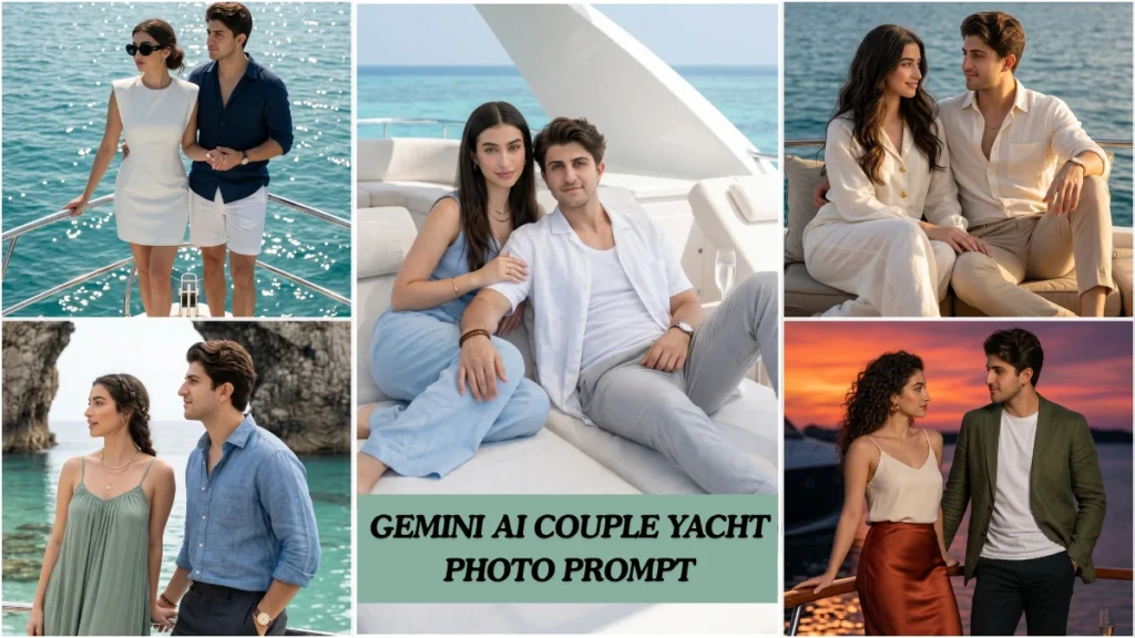 A cinematic gemini ai couple yacht photo prompt showing two people on a luxury yacht with turquoise ocean in the background