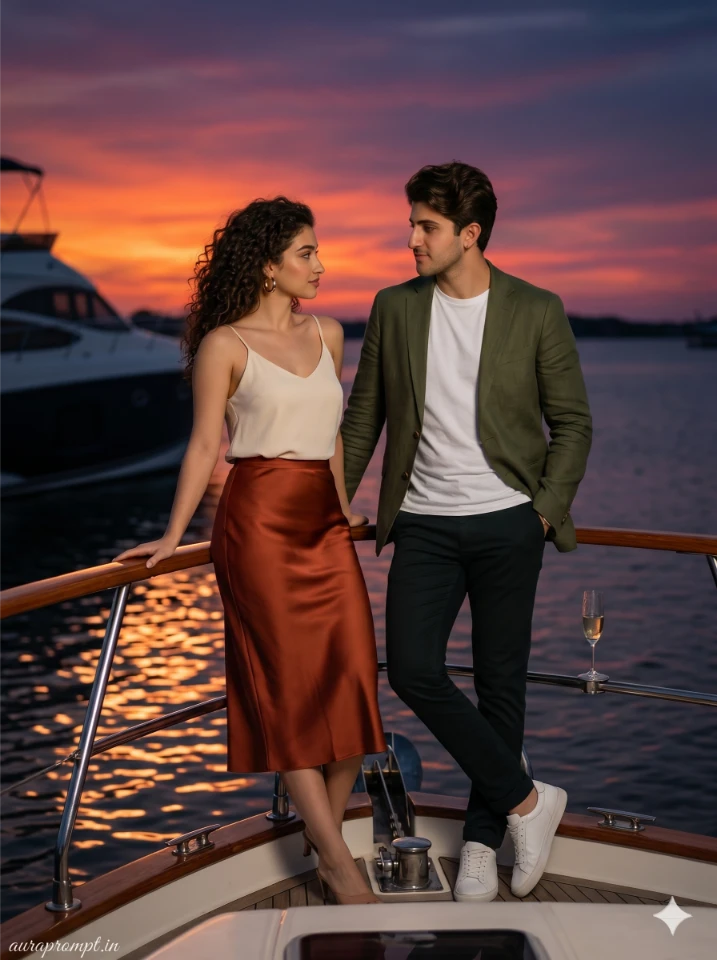 A cinematic gemini ai couple yacht photo prompt showing two people on a luxury yacht with turquoise ocean in the background