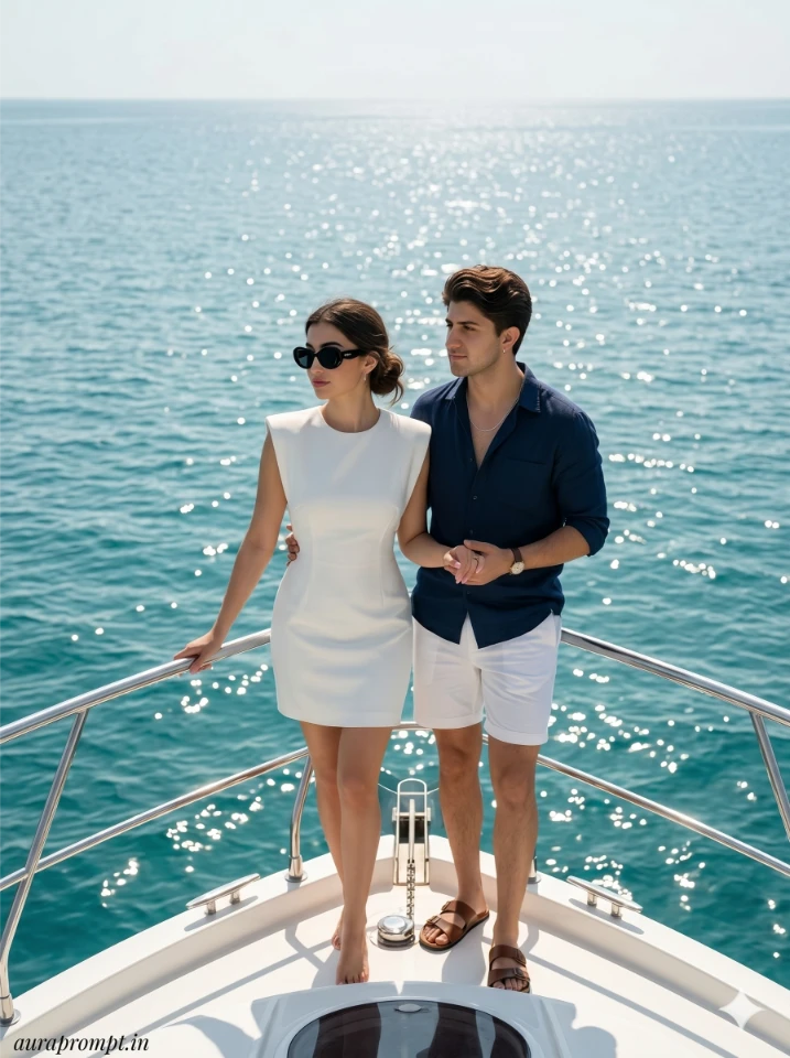 A cinematic gemini ai couple yacht photo prompt showing two people on a luxury yacht with turquoise ocean in the background
