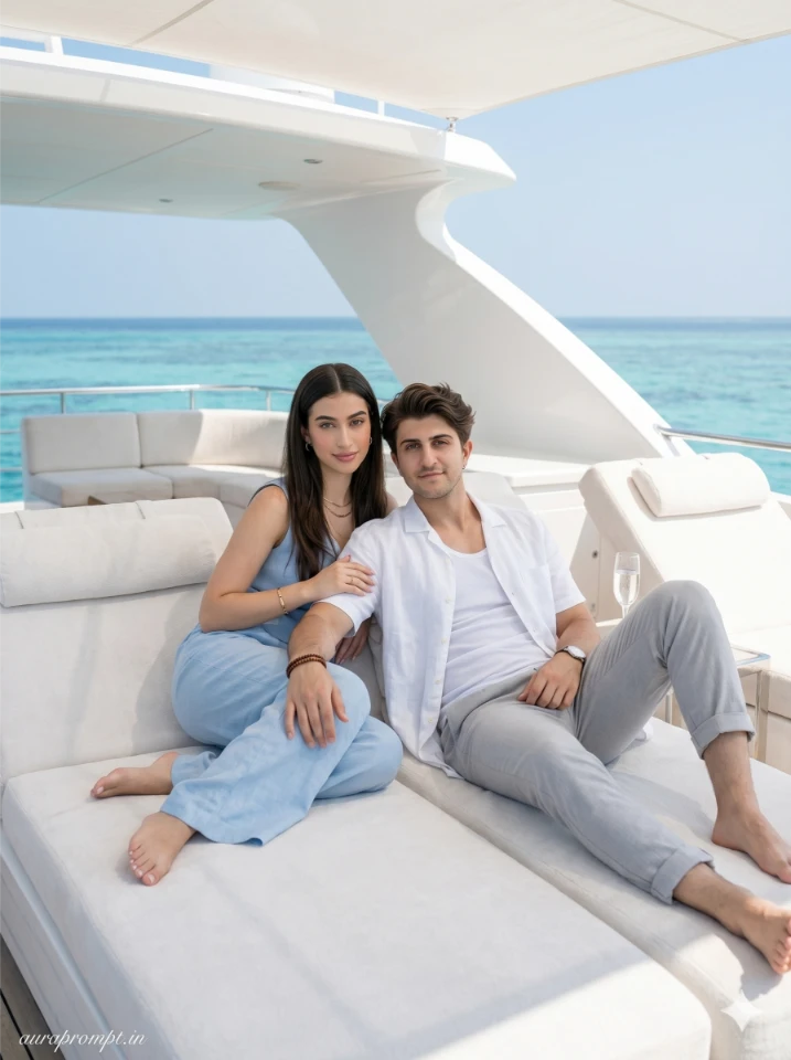 A cinematic gemini ai couple yacht photo prompt showing two people on a luxury yacht with turquoise ocean in the background