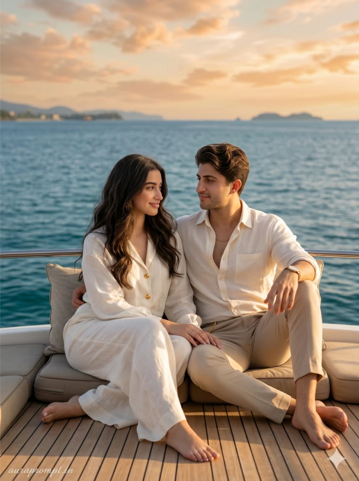 A cinematic gemini ai couple yacht photo prompt showing two people on a luxury yacht with turquoise ocean in the background