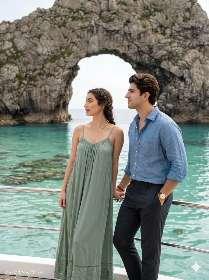 A cinematic gemini ai couple yacht photo prompt showing two people on a luxury yacht with turquoise ocean in the background