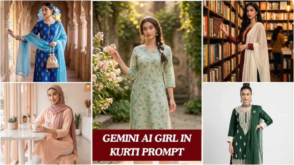 A cinematic gemini ai girl in kurti prompt showing an Indian girl in elegant ethnic wear with soft natural lighting and editorial styling.