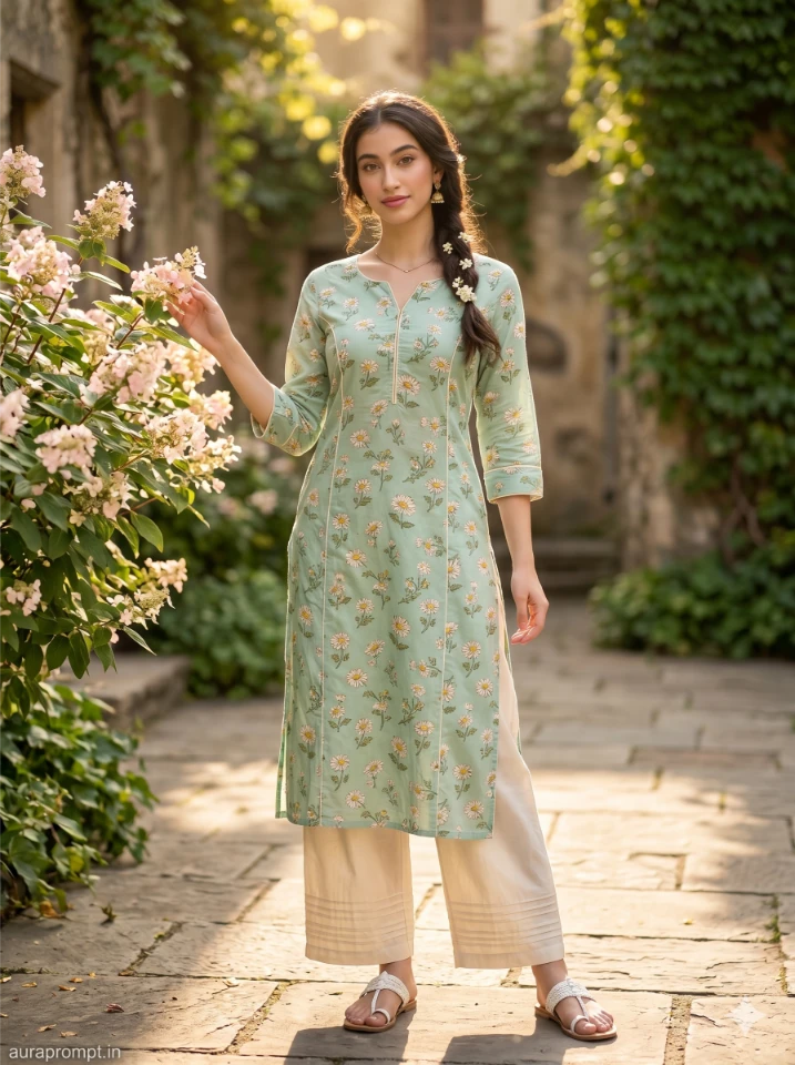 A cinematic gemini ai girl in kurti prompt showing an Indian girl in elegant ethnic wear with soft natural lighting and editorial styling.